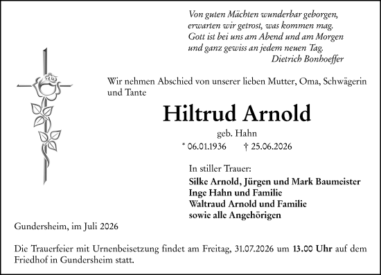 Traueranzeige von Hiltrud Arnold von Wormser Zeitung