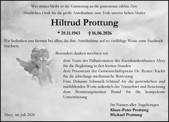 Traueranzeige von Hiltrud Prottung von Allgemeine Zeitung Alzey