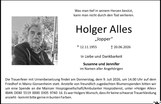 Traueranzeige von Holger Alles von Allgemeine Zeitung Mainz