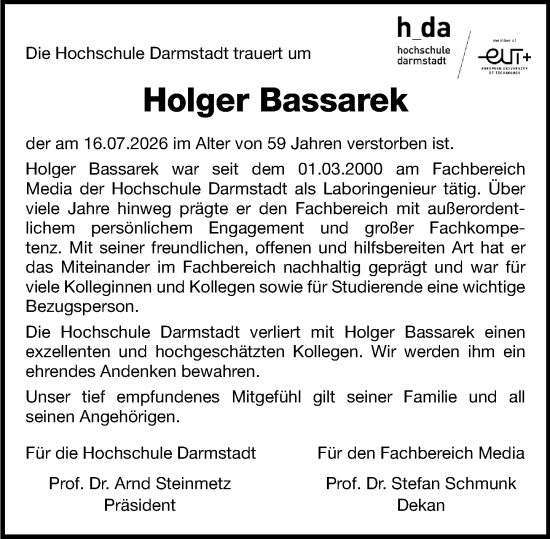 Traueranzeige von Holger Bassarek von Dieburger Anzeiger/Groß-Zimmerner Lokal-Anzeiger