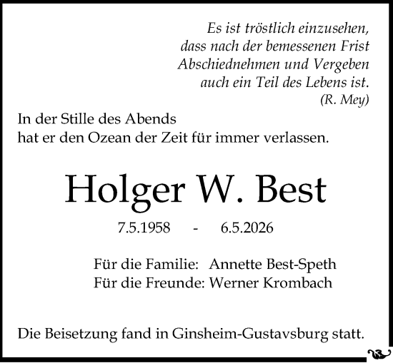 Traueranzeige von Holger W. Best von Allgemeine Zeitung Mainz