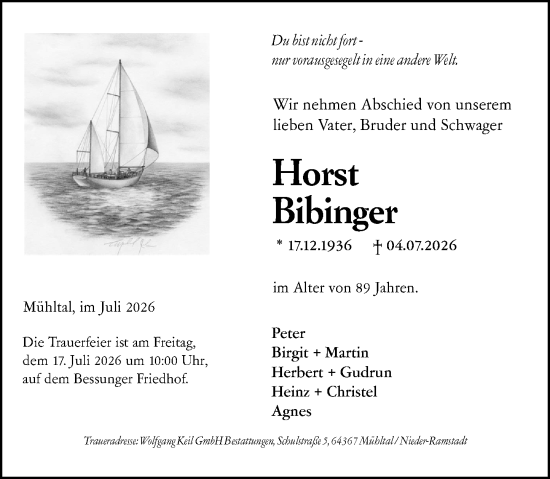 Traueranzeige von Horst Bibinger von Darmstädter Echo