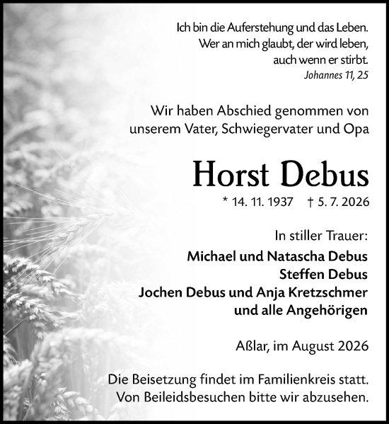 Traueranzeige von Horst Debus von Wetzlarer Neue Zeitung