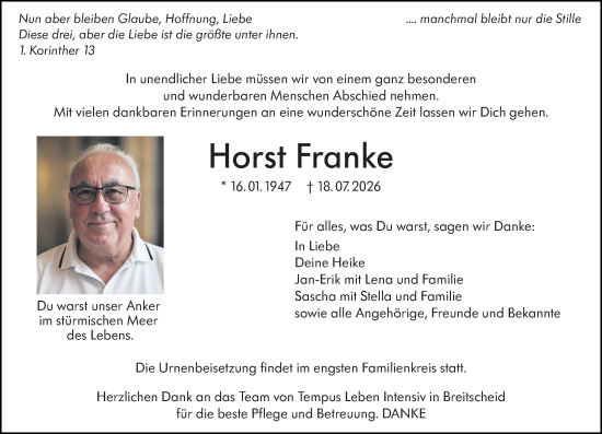 Traueranzeige von Horst Franke von Dill Block