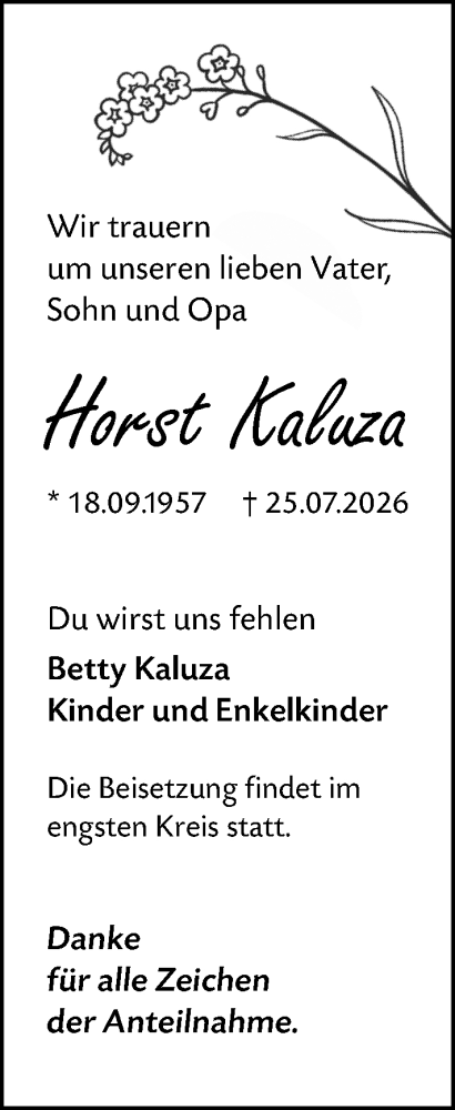 Traueranzeige von Horst Kaluza von Wetzlarer Neue Zeitung