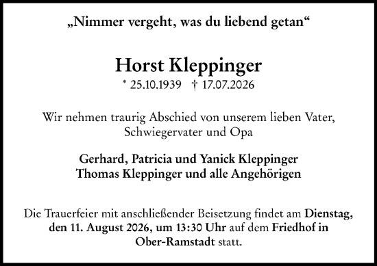 Traueranzeige von Horst Kleppinger von Darmstädter Echo