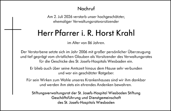 Traueranzeige von Horst Krahl von Wiesbadener Kurier