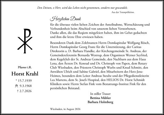Traueranzeige von Horst Krahl von Wiesbadener Kurier