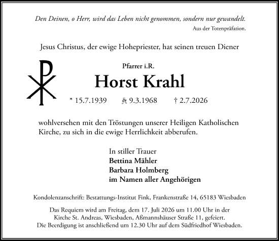Traueranzeige von Horst Krahl von Wiesbadener Kurier