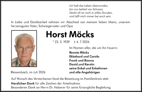 Traueranzeige von Horst Möcks von Weilburger Tageblatt