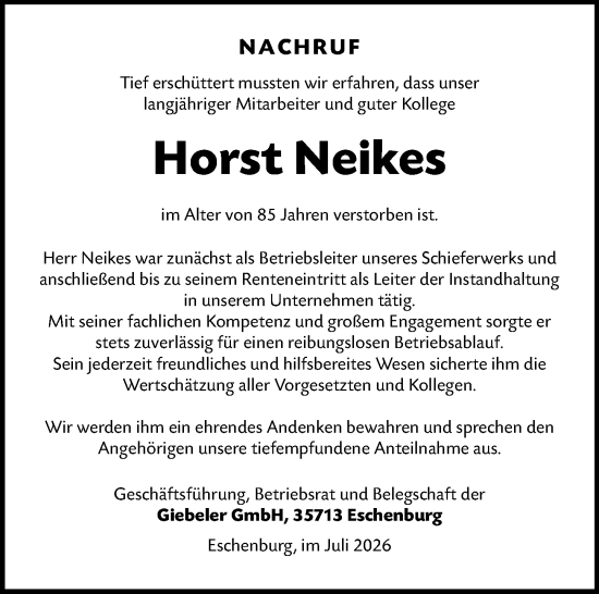 Traueranzeige von Horst Neikes von Dill Block