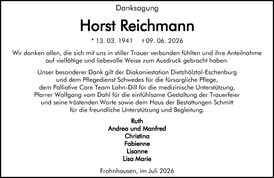Traueranzeige von Horst Reichmann von Dill Block
