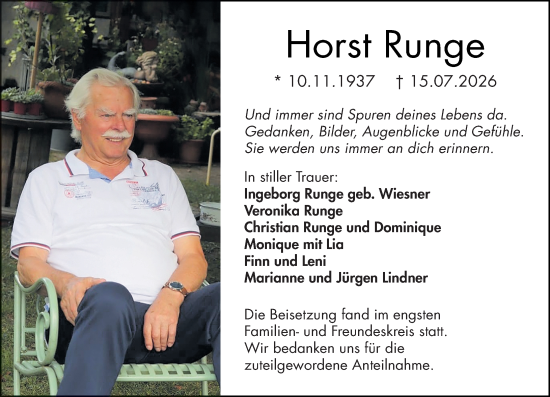 Traueranzeige von Horst Runge von Dill Block