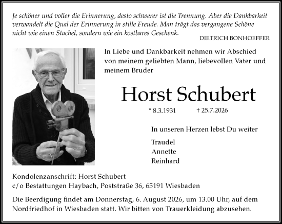 Traueranzeige von Horst Schubert von Wiesbadener Kurier