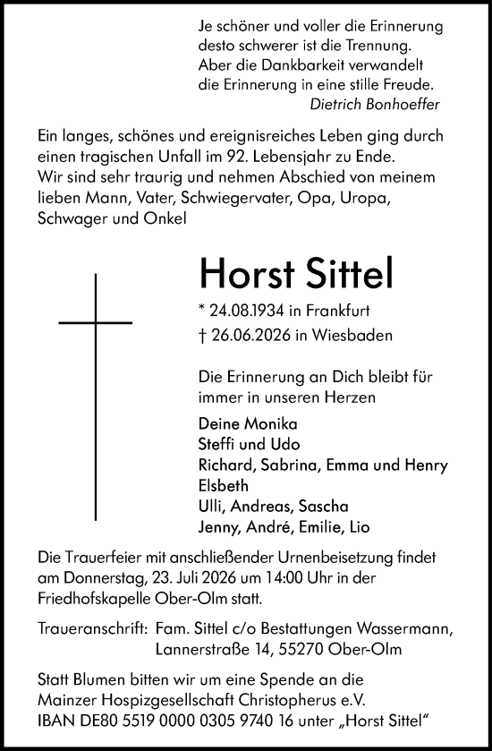 Traueranzeige von Horst Sittel von Allgemeine Zeitung Mainz