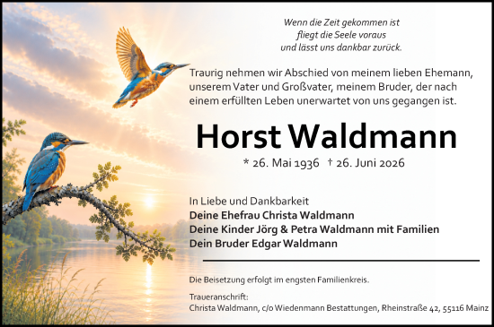 Traueranzeige von Horst Waldmann von Allgemeine Zeitung Mainz