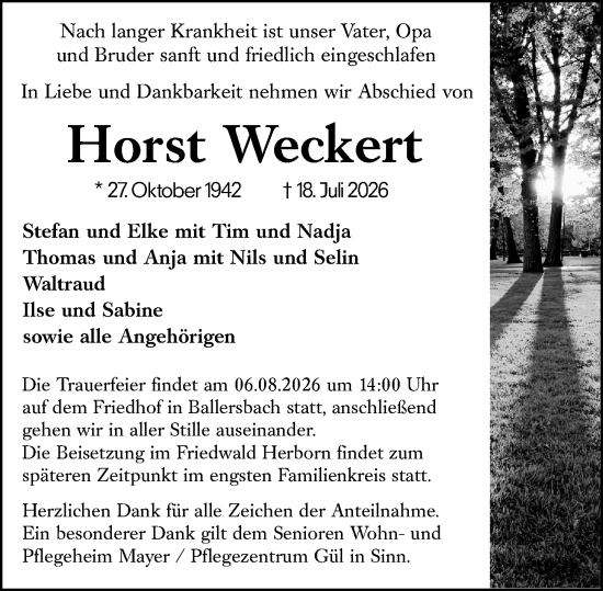 Traueranzeige von Horst Weckert von Dill Block