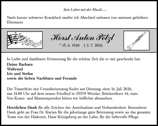 Traueranzeige von Horst Anton Pötzl von Wetzlarer Neue Zeitung