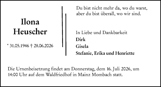 Traueranzeige von Ilona Heuscher von Allgemeine Zeitung Mainz
