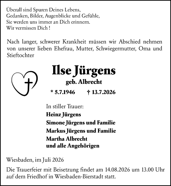 Traueranzeige von Ilse Jürgens von Wiesbadener Kurier