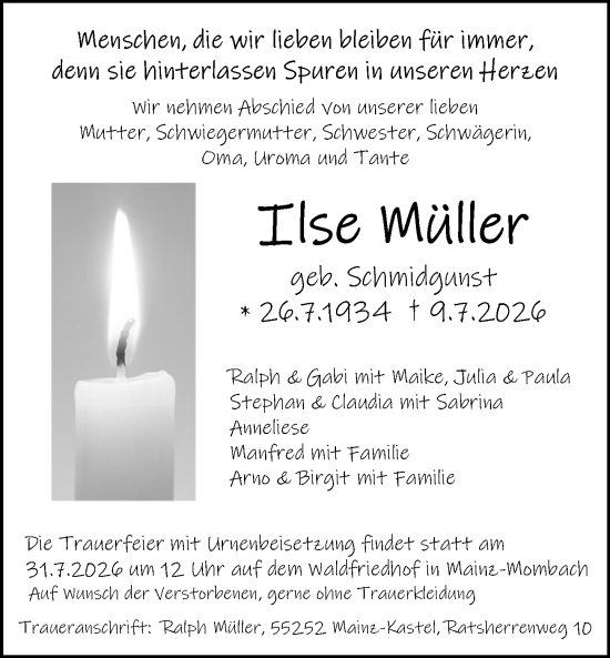 Traueranzeige von Ilse Müller von Wiesbadener Kurier