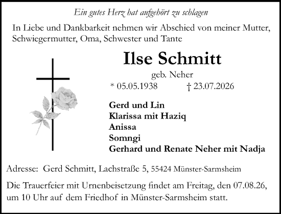 Traueranzeige von Ilse Schmitt von Binger-/Ingelheimer Wochenblatt