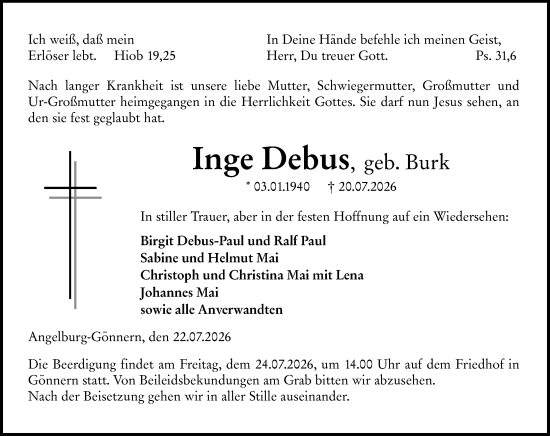 Traueranzeige von Inge Debus von Hinterländer Anzeiger