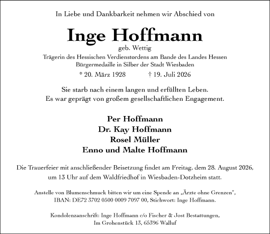 Traueranzeige von Inge Hoffmann von Wiesbadener Kurier