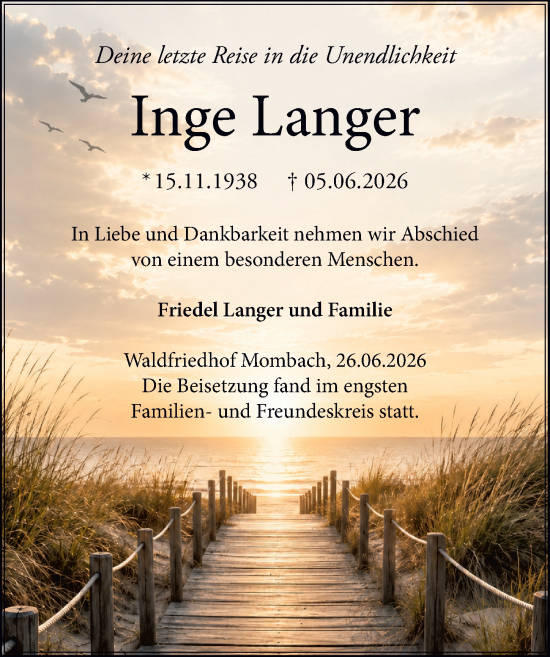 Traueranzeige von Inge Langer von Allgemeine Zeitung Mainz