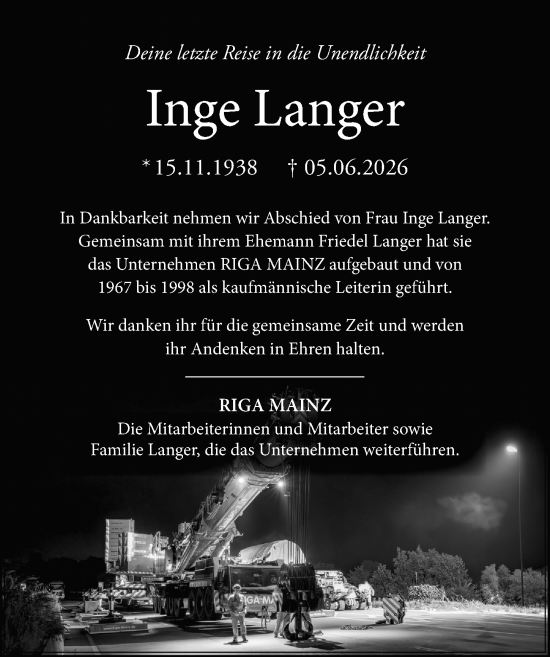 Traueranzeige von Inge Langer von Allgemeine Zeitung Mainz