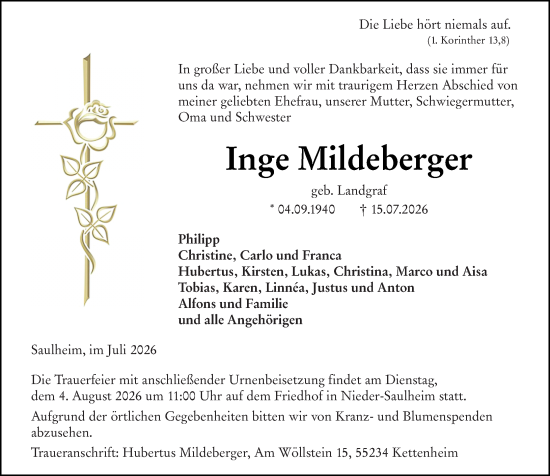 Traueranzeige von Inge Mildeberger von Allgemeine Zeitung Alzey