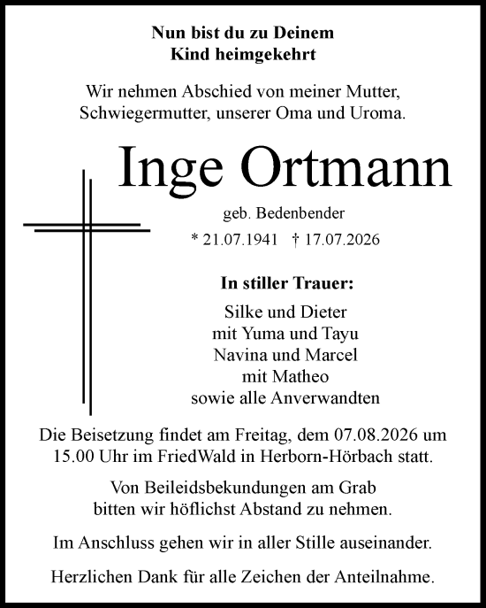 Traueranzeige von Inge Ortmann von Dill Block
