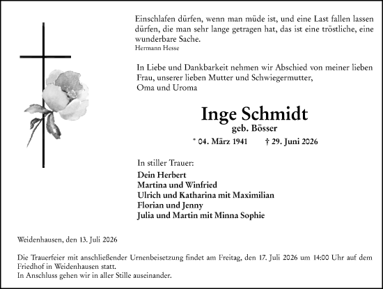 Traueranzeige von Inge Schmidt von Hinterländer Anzeiger