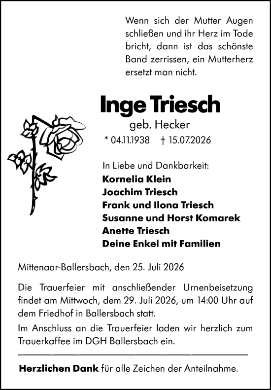 Traueranzeige von Inge Triesch von Dill Block