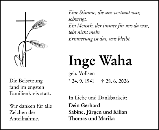 Traueranzeige von Inge Waha von Wetzlarer Neue Zeitung