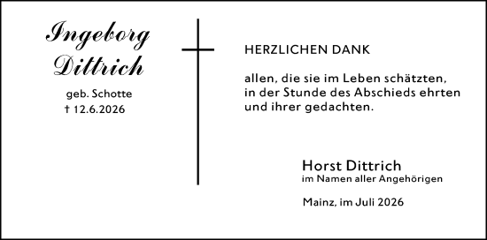 Traueranzeige von Ingeborg Dittrich von Allgemeine Zeitung Mainz