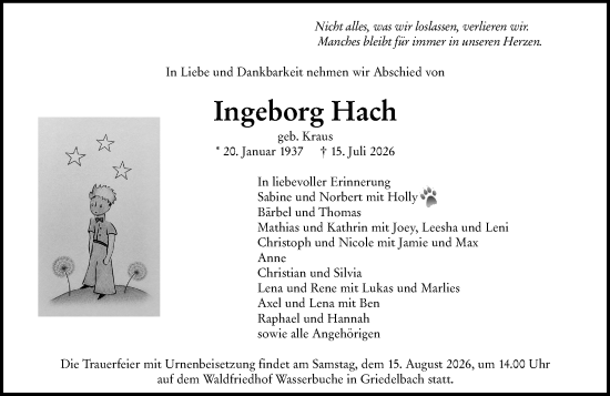 Traueranzeige von Ingeborg Hach von Wetzlarer Neue Zeitung