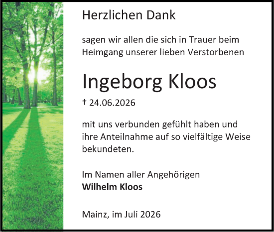 Traueranzeige von Ingeborg Kloos von Allgemeine Zeitung Mainz