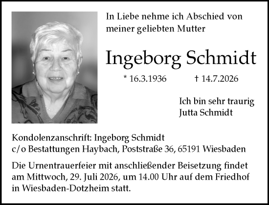 Traueranzeige von Ingeborg Schmidt von Wiesbadener Kurier