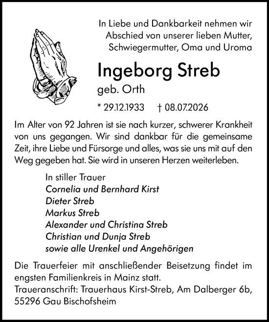 Traueranzeige von Ingeborg Streb von Allgemeine Zeitung Mainz