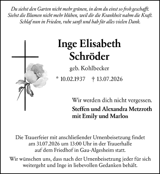 Traueranzeige von Inge Elisabeth Schröder von Allgemeine Zeitung Rheinhessen-Nahe