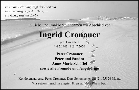 Traueranzeige von Ingrid Cronauer von Allgemeine Zeitung Mainz