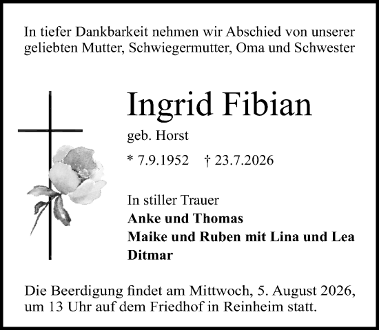 Traueranzeige von Ingrid Fibian von Darmstädter Echo
