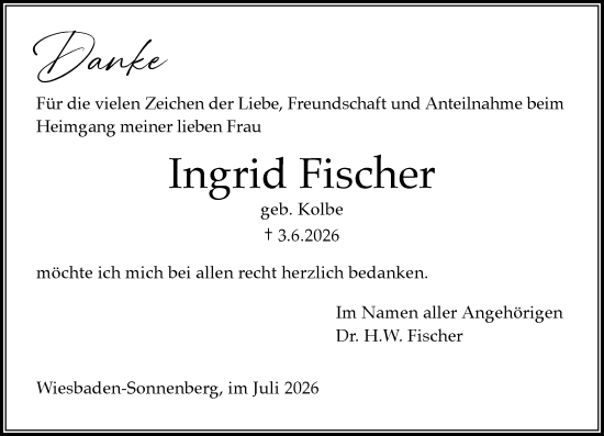 Traueranzeige von Ingrid Fischer von Wiesbadener Kurier