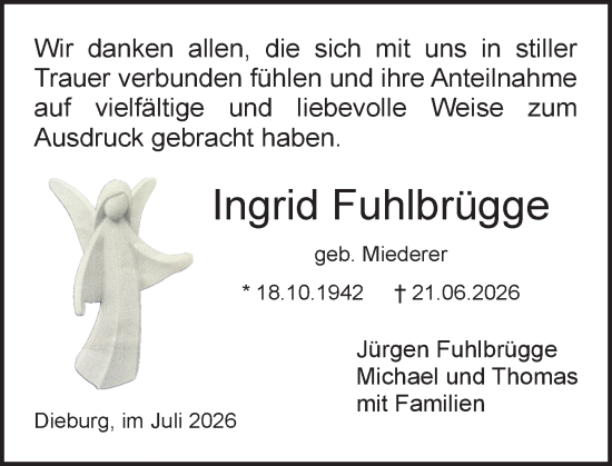 Traueranzeige von Ingrid Fuhlbrügge von Dieburger Anzeiger/Groß-Zimmerner Lokal-Anzeiger