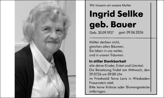 Traueranzeige von Ingrid Sellke von Wiesbadener Kurier