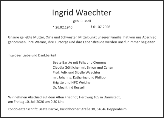 Traueranzeige von Ingrid Waechter von Darmstädter Echo