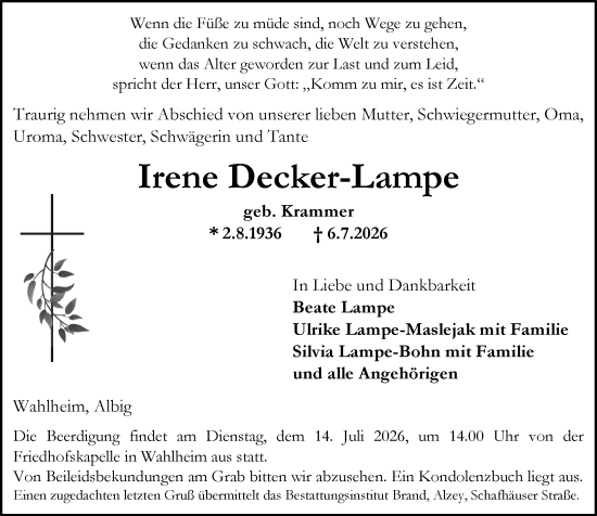 Traueranzeige von Irene Decker-Lampe von Allgemeine Zeitung Alzey