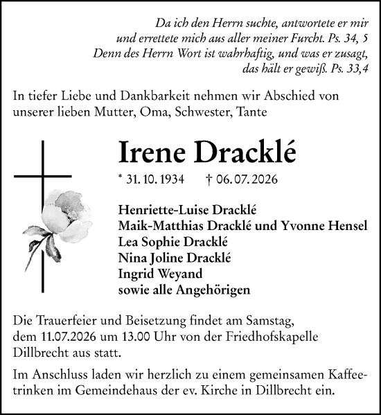 Traueranzeige von Irene Dracklé von Dill Block