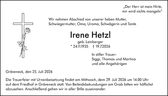 Traueranzeige von Irene Hetzl von Weilburger Tageblatt